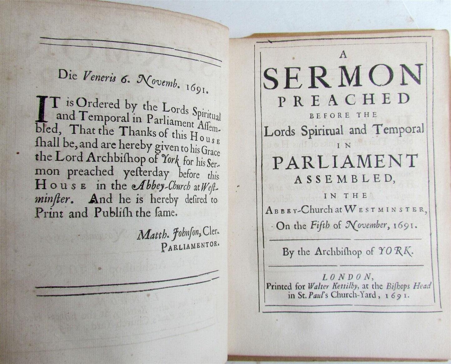 1691 SERMON PREACHED before LORDS ASSEMBLED in PARLIAMENT antique in ENGLISH