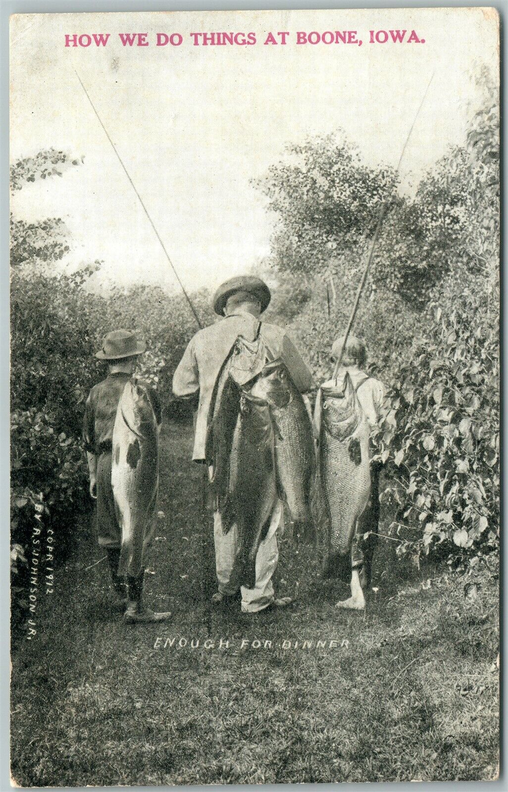 BOONE IA FISHING EXAGGERATED ANTIQUE POSTCARD