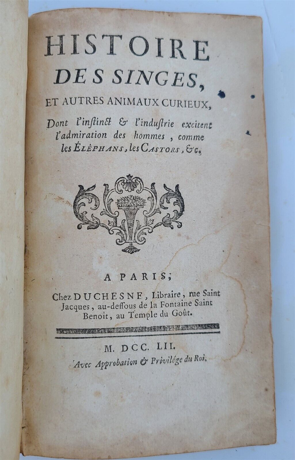 1752 History of monkeys & other curious animals antique by Pons Augustin Alletz