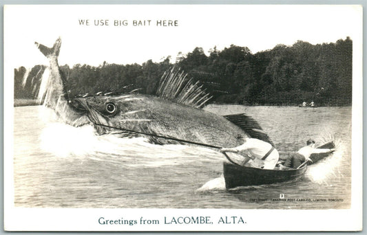 LACOMBE ALTA CANADA EXAGGERATED FISHING VINTAGE REAL PHOTO POSTCARD RPPC