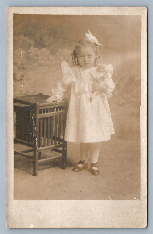 GIRL w/ WELL DRESSED DOLL ANTIQUE REAL PHOTO POSTCARD RPPC