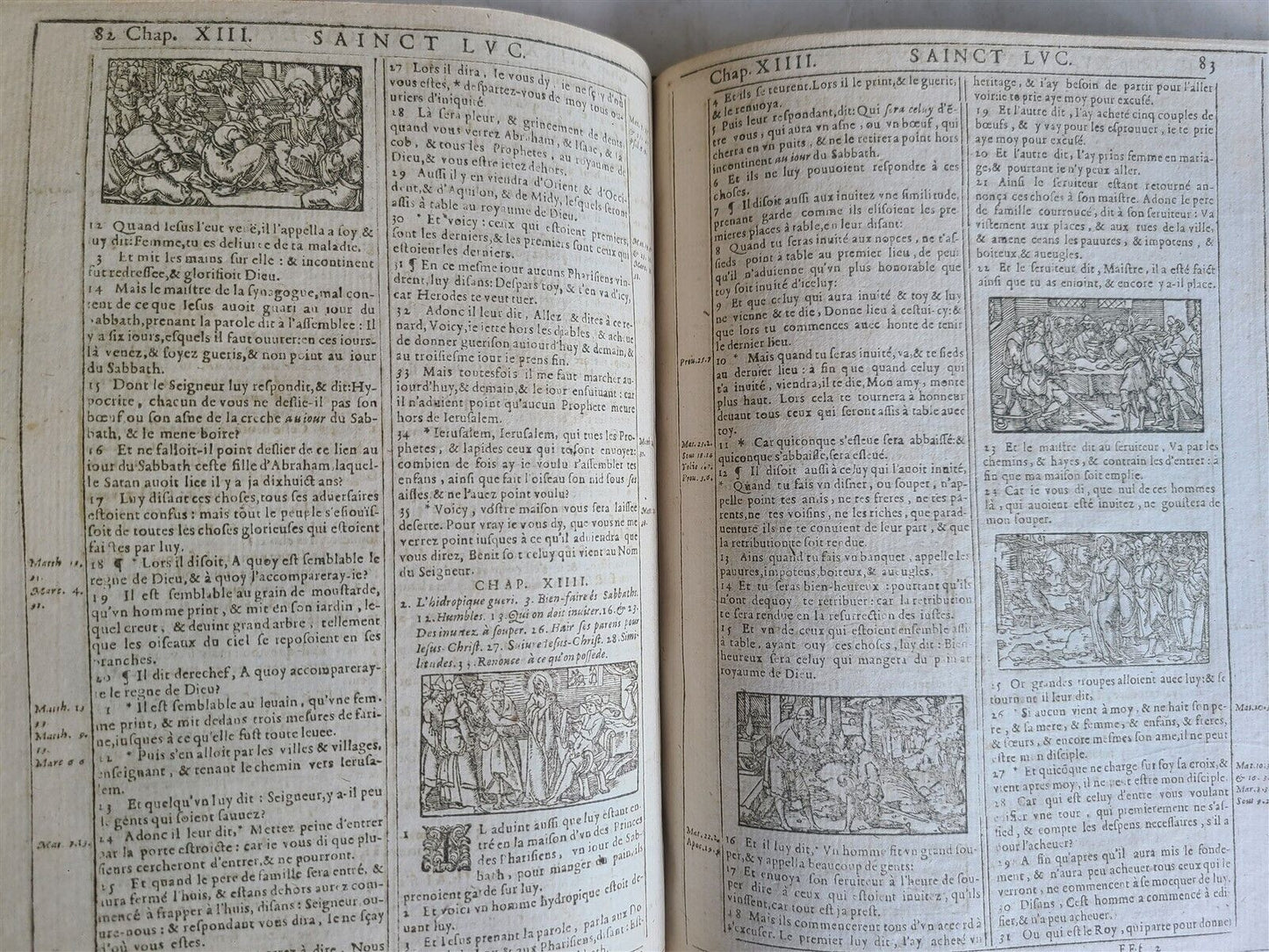 1620 BIBLE in FRENCH ANTIQUE ILLUSTRATED w/ 215 WOODCUTS !