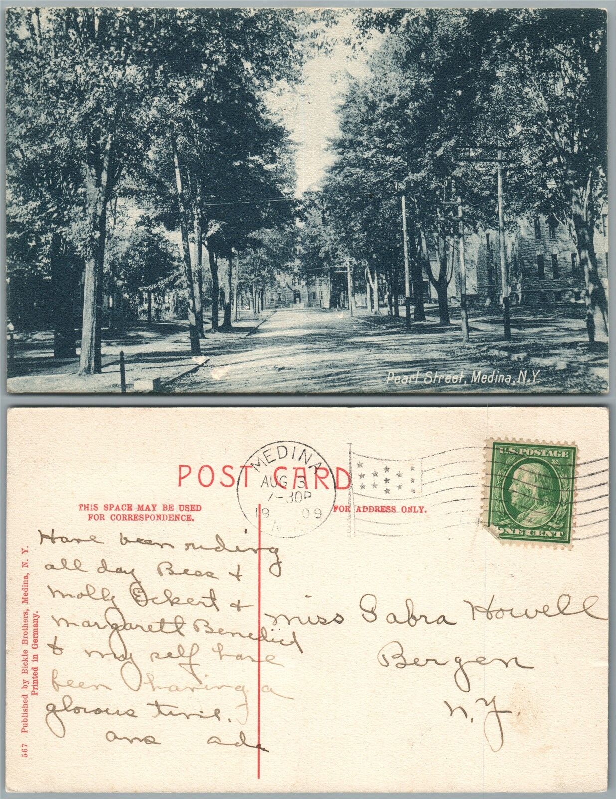 MEDINA N.Y. PEARL STREET 1909 ANTIQUE POSTCARD