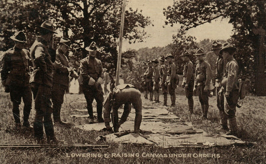 1913 WWI LOWERING & RAISING CANVAS UNDER ORDERS ANTIQUE MILITARY POSTCARD