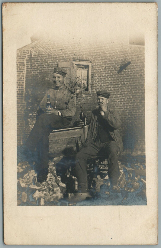 GERMAN SOLDIERS WWI ERA DRINKING BEER ANTIQUE REAL PHOTO POSTCARD RPPC