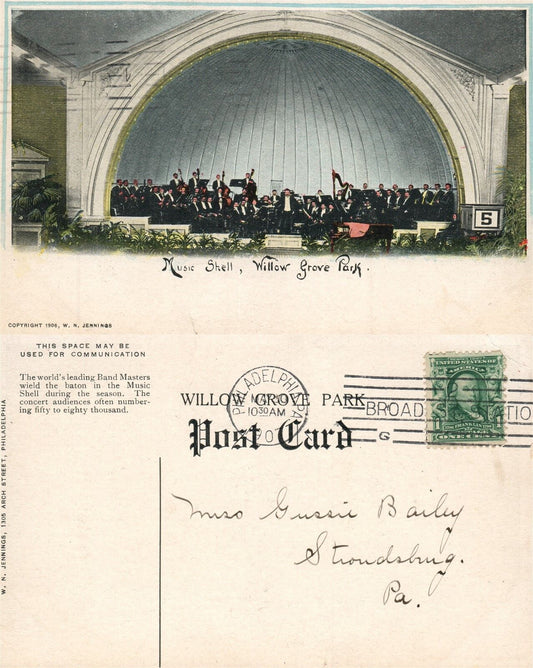 WILLOW GROVE PARK PA MUSIC SHELL 1907 ANTIQUE POSTCARD