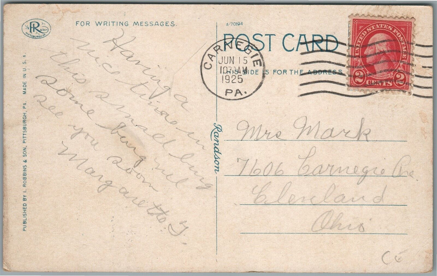 CARNEGIE PA POST OFFICE ANTIQUE POSTCARD