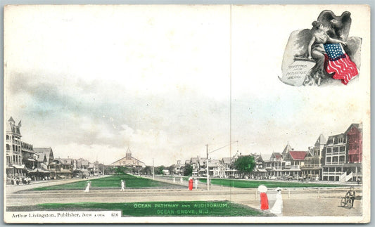 OCEAN GROVE N.J. OCEAN PATHWAY & AUDITORIUM UNDIVIDED ANTIQUE POSTCARD