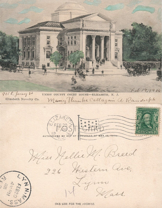 ELIZABETH N.J. UNION COUNTY COURT HOUSE 1906 UNDIVIDED ANTIQUE POSTCARD