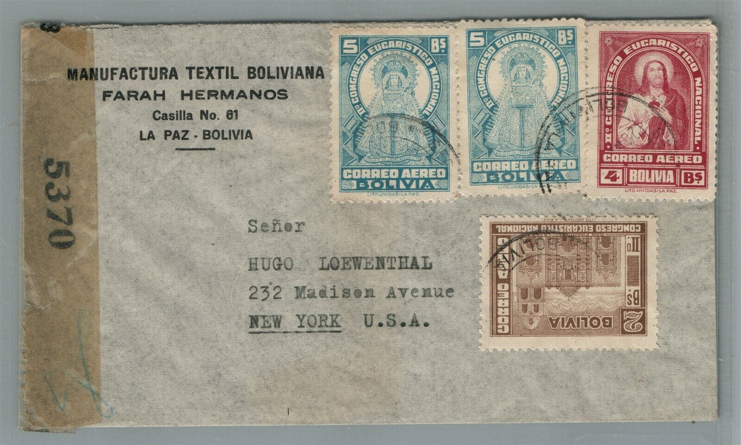 BOLIVIA LA PAZ to NEW YORK USA VINTAGE COVER w/ STAMPS