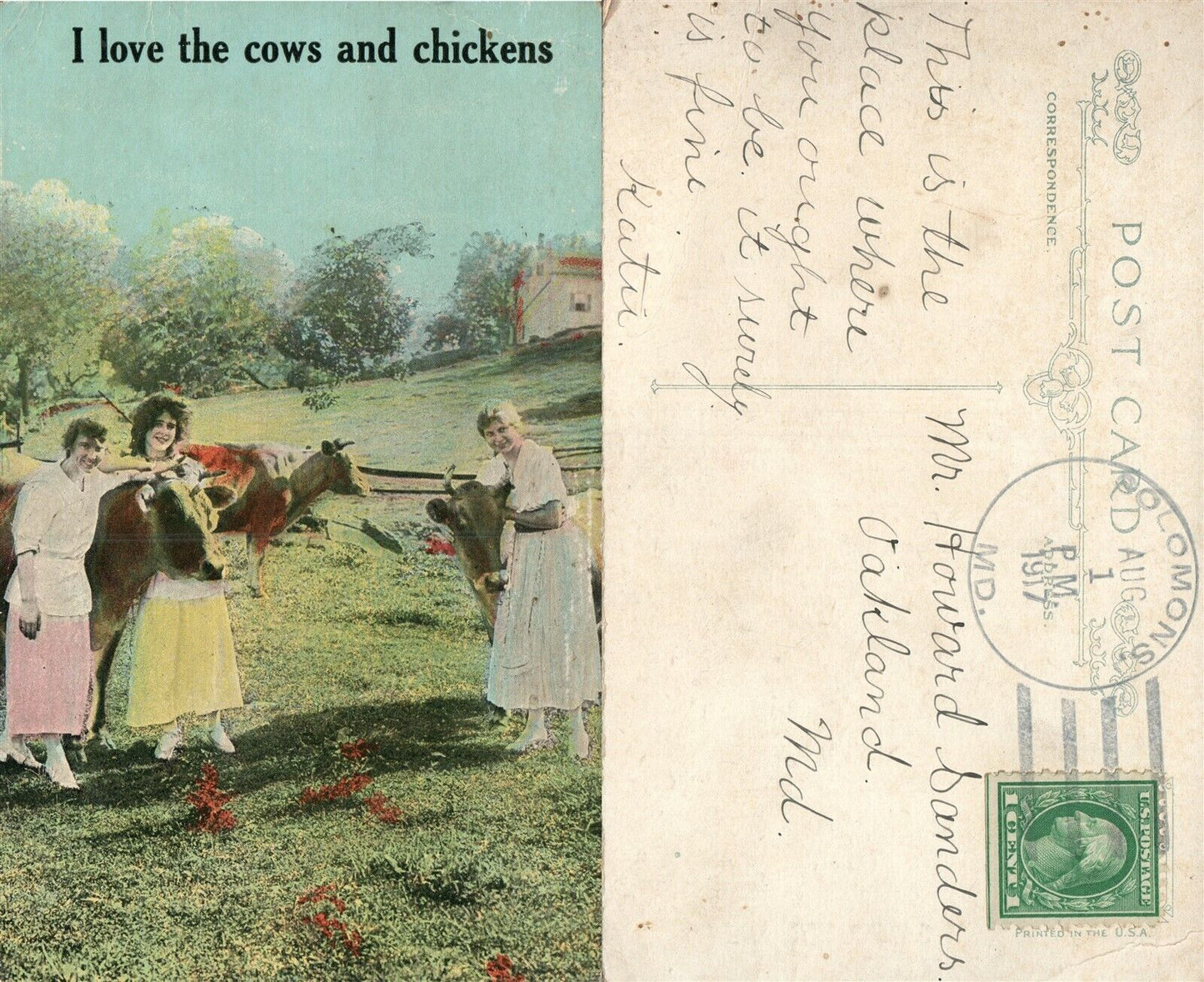 I LOVE THE COWS & CHICKENS FARM SCENE 1907 ANTIQUE POSTCARD