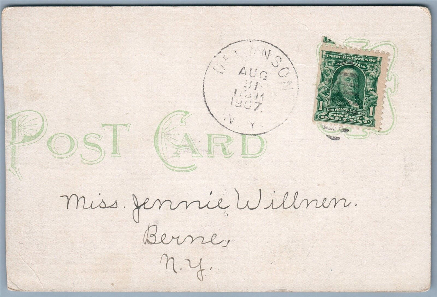 DUANESBURG NY FEATHERSTONHAUGH MANSION 1907 UNDIVIDED ANTIQUE POSTCARD