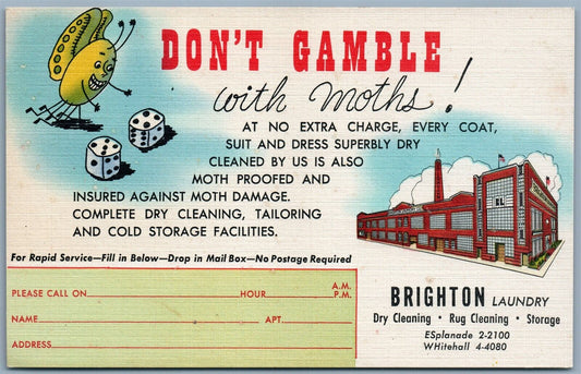 BROOKLYN NY BRIGHTON LAUNDRY ADVERTISING VINTAGE POSTCARD DON'T GAMBLE w/ MOTHS!