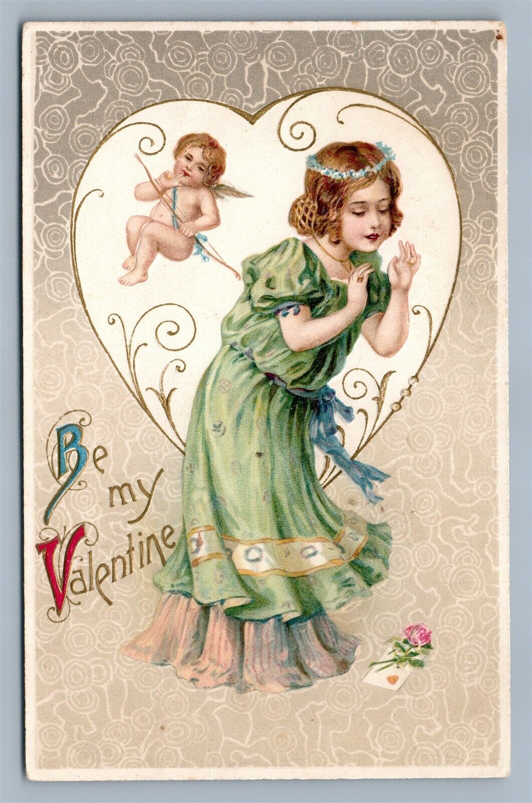 VALENTINE EMBOSSED ANTIQUE POSTCARD S. SCHMUCKER DESIGN 1910