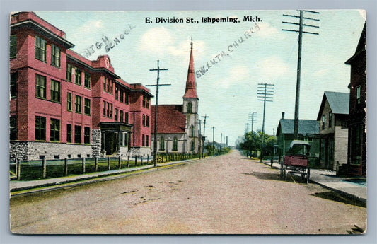 ISHPEMING MI E.DIVISION ST. ANTIQUE POSTCARD