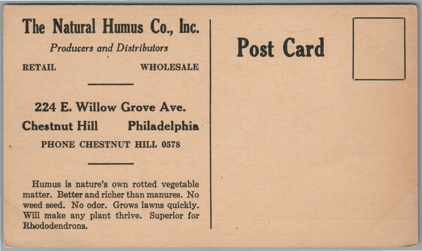 PHILADELPHIA PA NATURAL HUMUS CO. INC ADVERTISING ANTIQUE POSTCARD