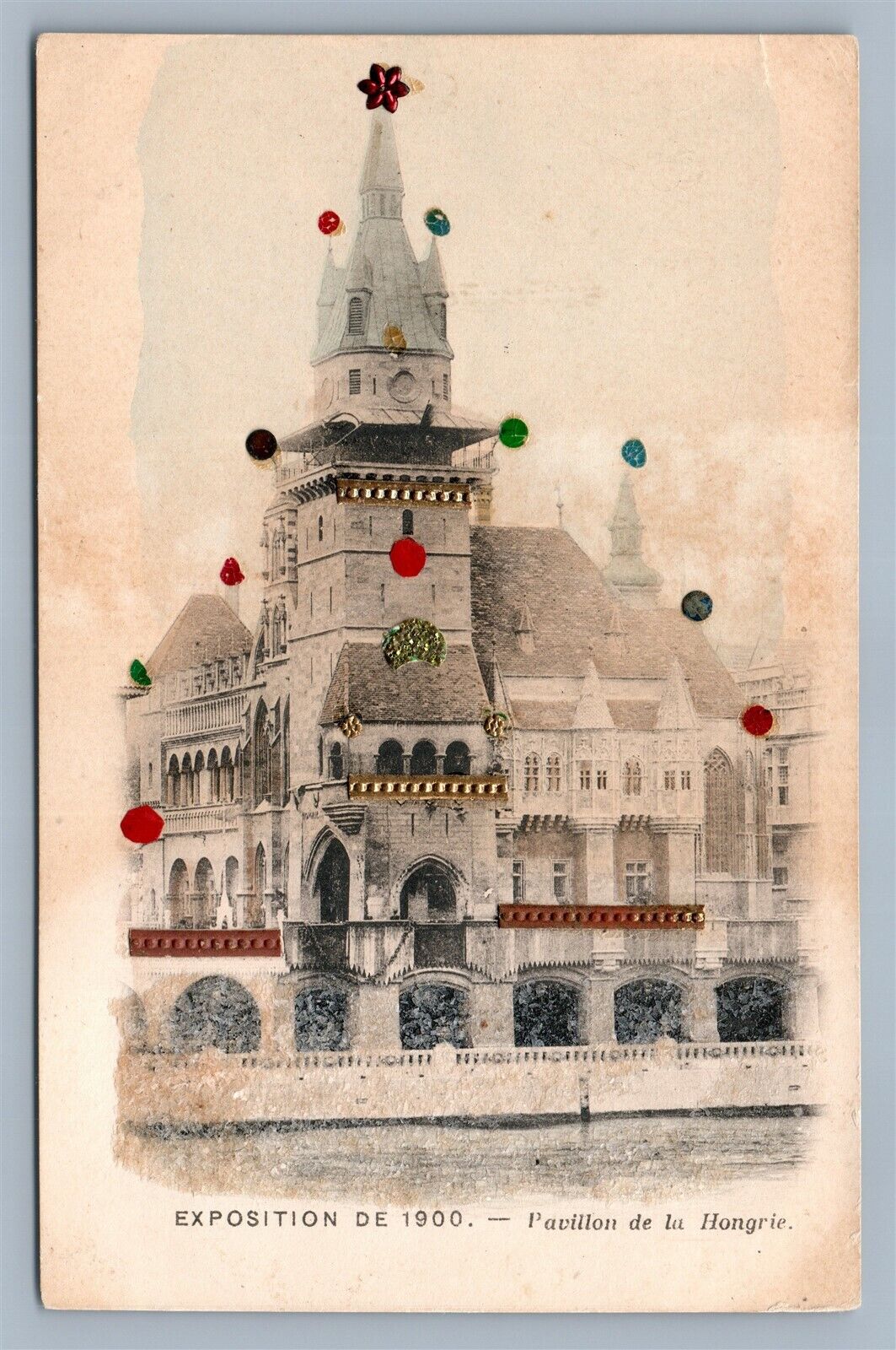 1900 PARIS EXPOSITION ANTIQUE POSTCARD PAVILLION DE LA HONGRIE SPANGLED APPLIQUE