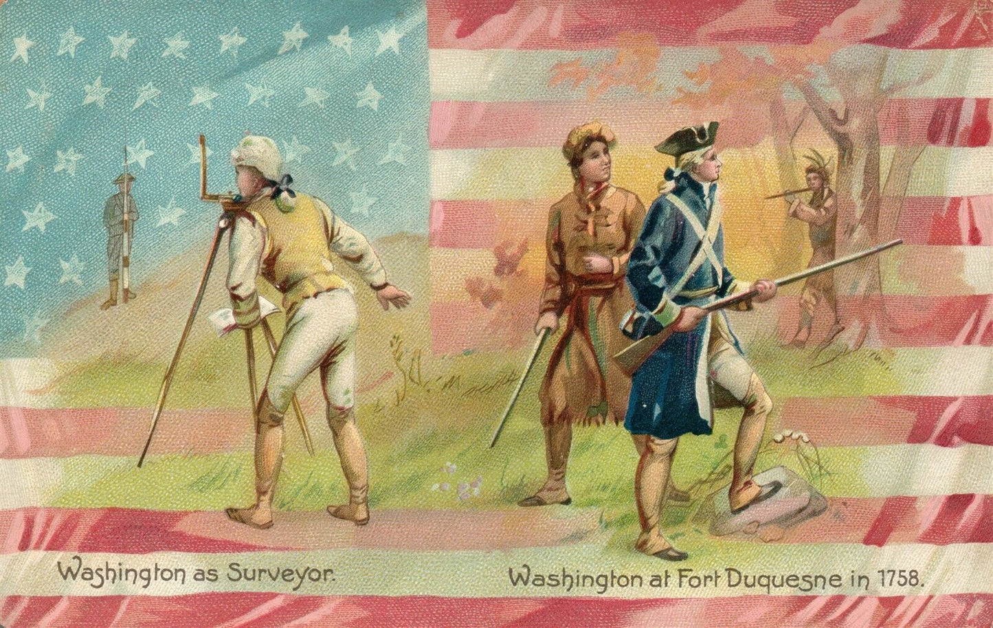 WASHINGTON at FORT DUQUESNE EMBOSSED ANTIQUE PATRIOTIC POSTCARD