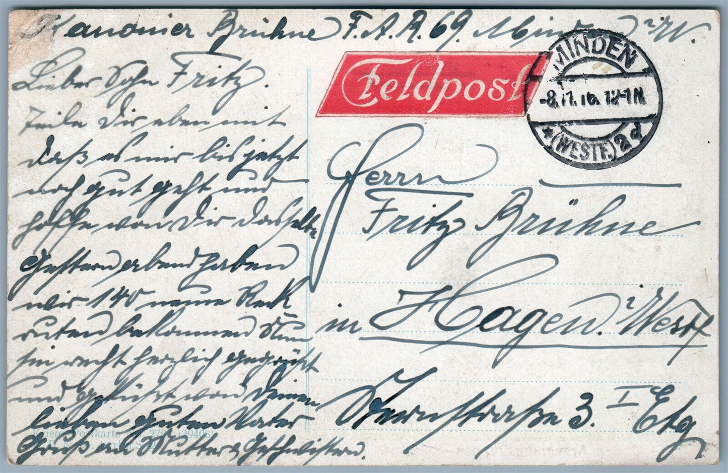 GERMAN WWI MILITARY FELDPOST 1916 ANTIQUE POSTCARD STACHELDRAHT-VERHAUE