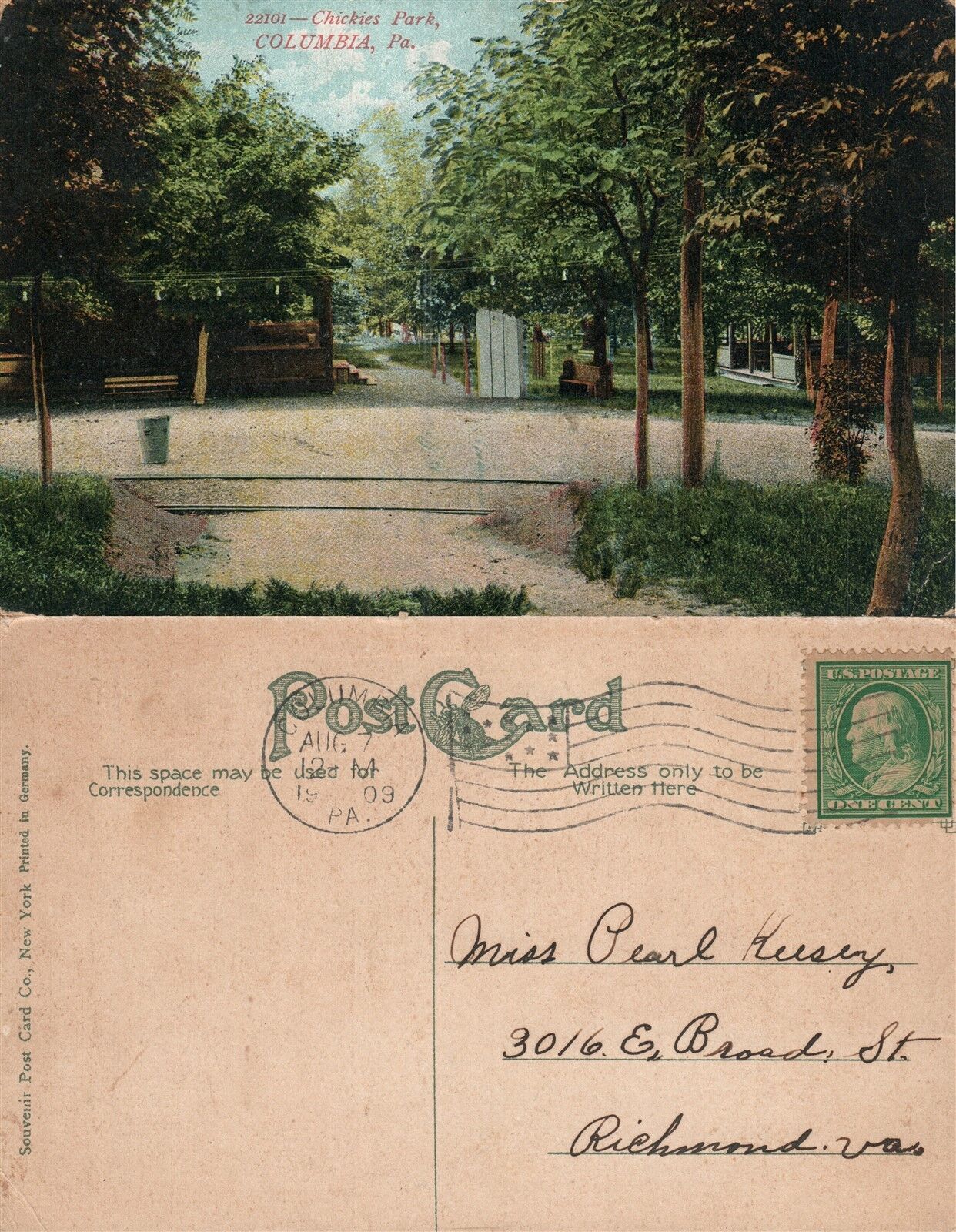 COLUMBIA PA CHICKIES PARK 1909 ANTIQUE POSTCARD