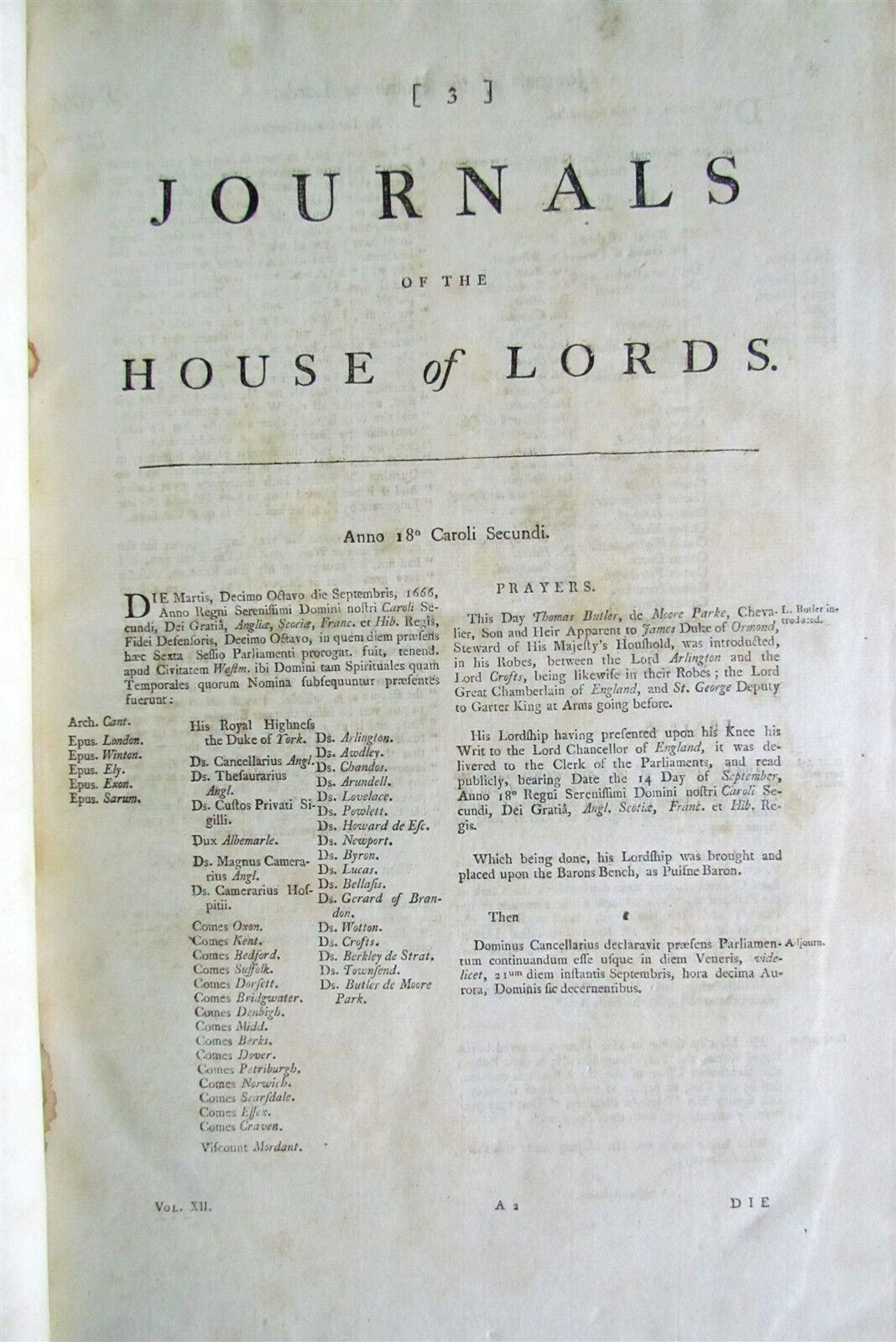 JOURNALS OF THE HOUSE OF LORDS 1666-1675 large folio antique in ENGLISH