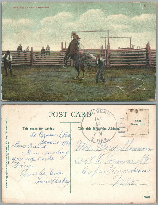 SADDLING AN OUT-LAW BRONCO 1909 ANTIQUE POSTCARD cowboy