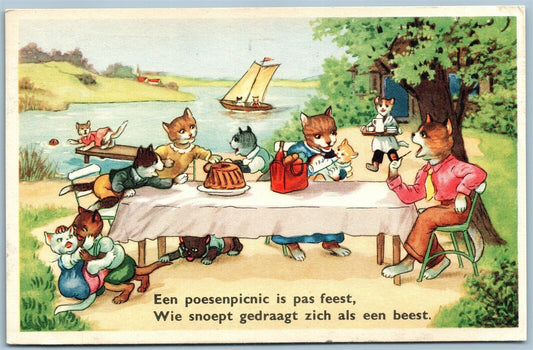 CAT'S PICNIC VINTAGE POSTCARD w/ NETHERLAND'S STAMP