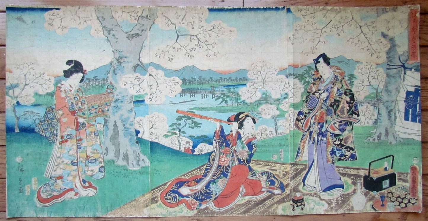 JAPANESE WOODBLOCK PRINT TRITYCH 3 geishas EDO PERIOD