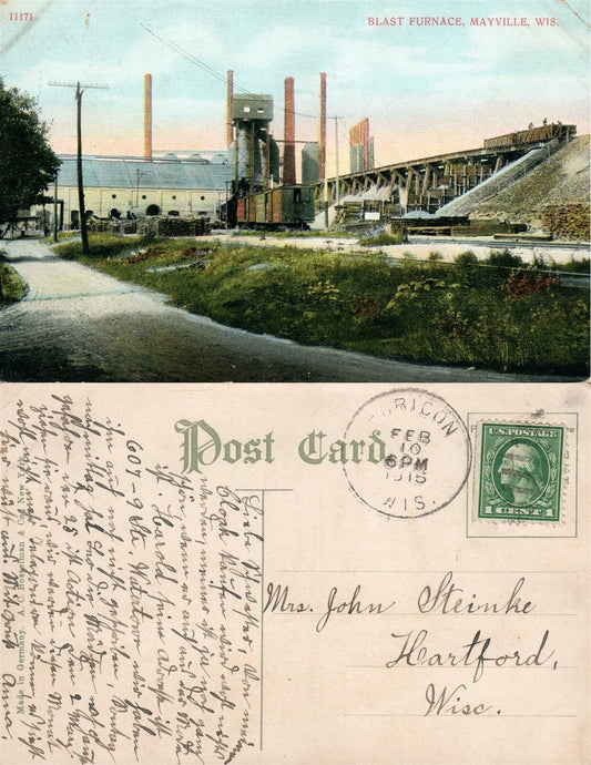 MAYVILLE WIS. BLAST FURNACE 1915 ANTIQUE POSTCARD