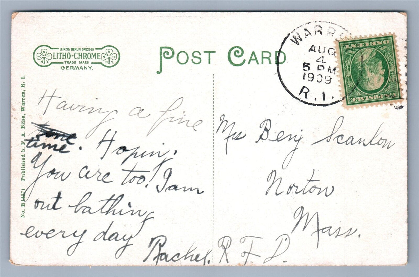 WARREN RI KICKEMUIT ROAD 1909 ANTIQUE POSTCARD