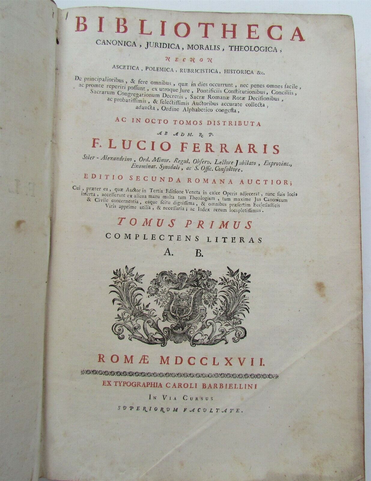 1767 VELLUM BOUND ANTIQUE FOLIO F. LUCII FERRARIS BIBLIOTHECA Vol. 1