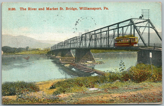 WILLIAMSPORT PA MARKET STREET BRIDGE w/ TROLLEY 1911 ANTIQUE POSTCARD