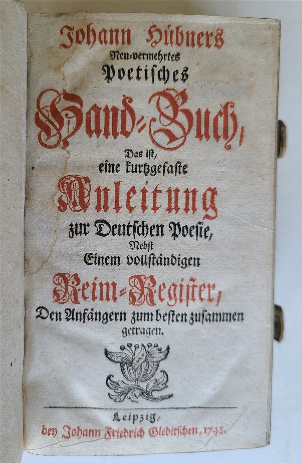 1743 JOHANN HUBNERS GERMAN POETRY antique HANDTOOLED PIGSKIN Poetisches Handbuch