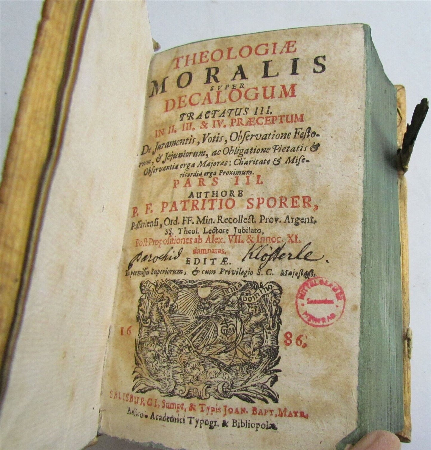 1686 Theologiae Moralis by SPORER antique BLINDSTAMPED PIGSKIN 17 CENTURY Vol 3