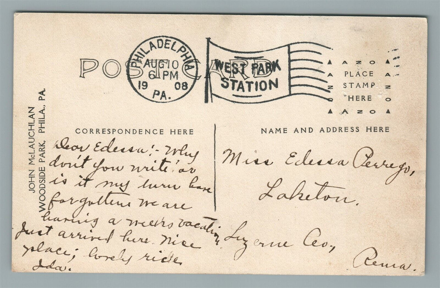 PHILADELPHIA WOODSIDE PARK PA 1908 ANTIQUE REAL PHOTO POSTCARD RPPC