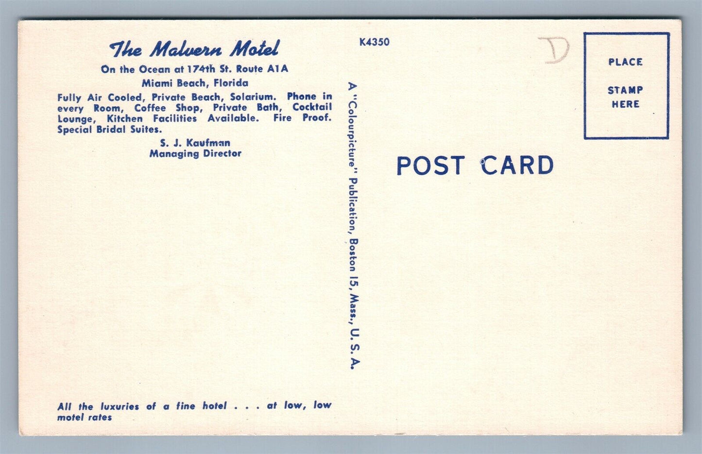 MIAMI BEACH FL MALVERN MOTEL ADVERTISING VINTAGE POSTCARD