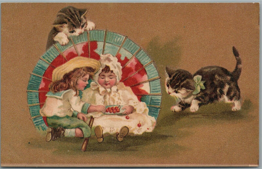 CATS PLAYING WITH KIDS ANTIQUE POSTCARD