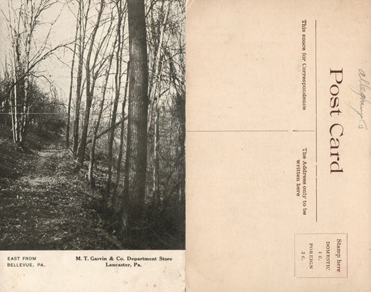 EAST FROM BELLEVUE PA ANTIQUE POSTCARD printed GARVIN & CO. DEPT STORE LANCASTER