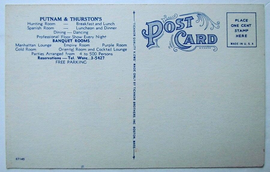 VINTAGE ADVERTISING POSTCARD PUTNAM & THURSTON'S RESTAURANT WORCESTER MA