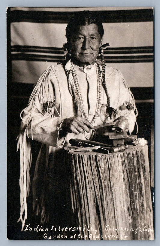 AMERICAN INDIAN SILVERSMITH ANTIQUE REAL PHOTO POSTCARD RPPC GARDEN OF GODS CO