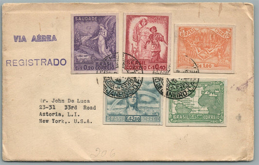 BRAZIL to NEW YORK USA via AEREA REGISTRADO VINTAGE COVER w/ STAMPS