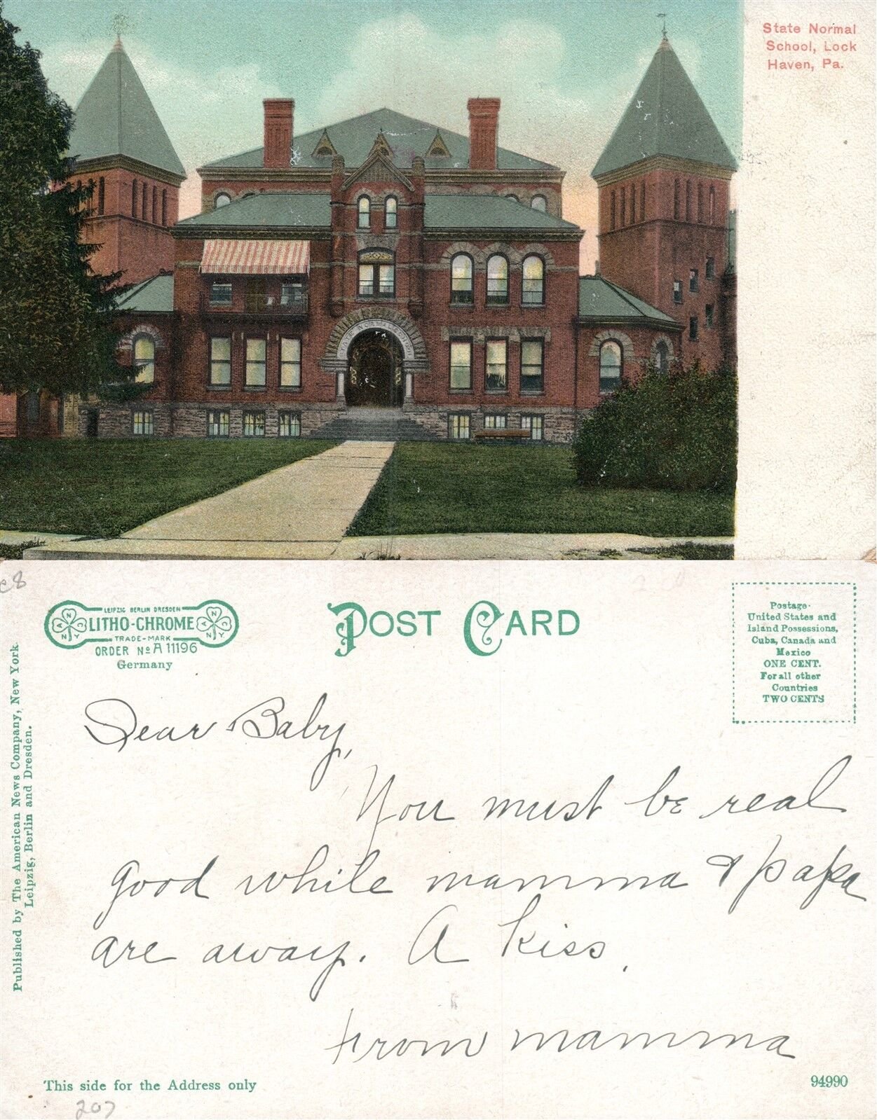 LOCK HAVEN PA STATE NORMAL SCHOOL UNDIVIDED ANTIQUE POSTCARD