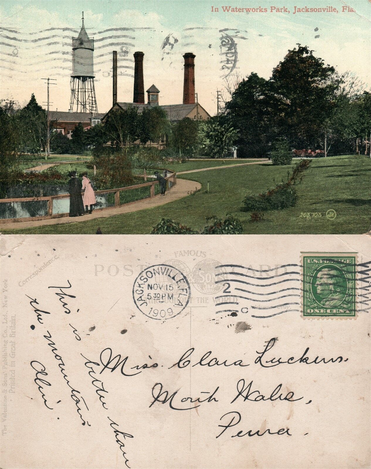 JACKSONVILLE FL WATERWORKS PARK 1909 ANTIQUE POSTCARD