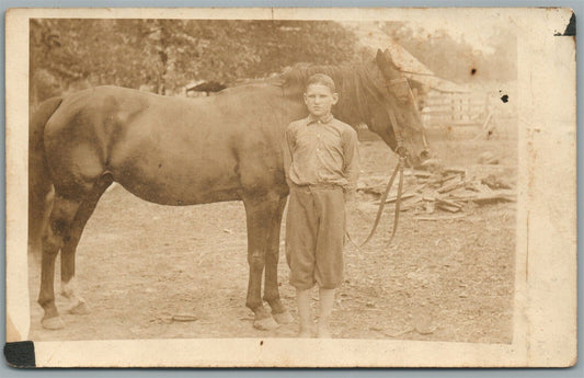 BOY w/ HORSE SCENE ANTIQUE REAL PHOTO POSTCARD RPPC