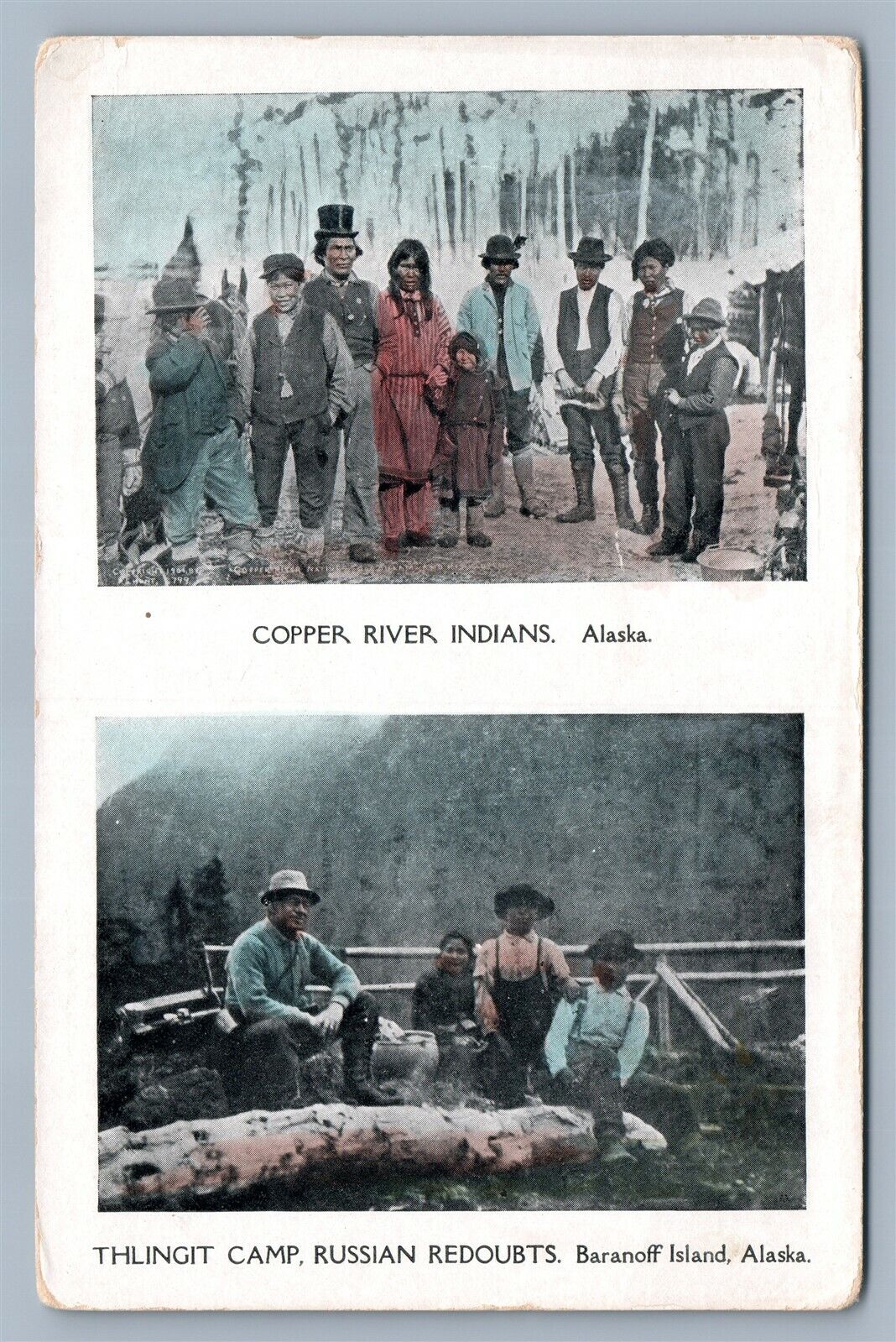 COPPER RIVER INDIANS THLINGIT CAMP RUSSIAN REDOUBDT ADVERTISING ANTIQUE POSTCARD