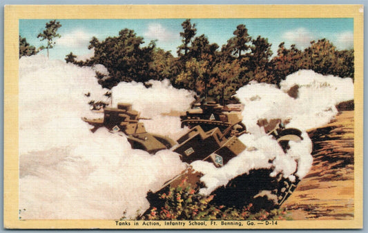 TANKS IN ACTION VINTAGE POSTCARD INFANTRY SCHOOL FT. BENNING GA