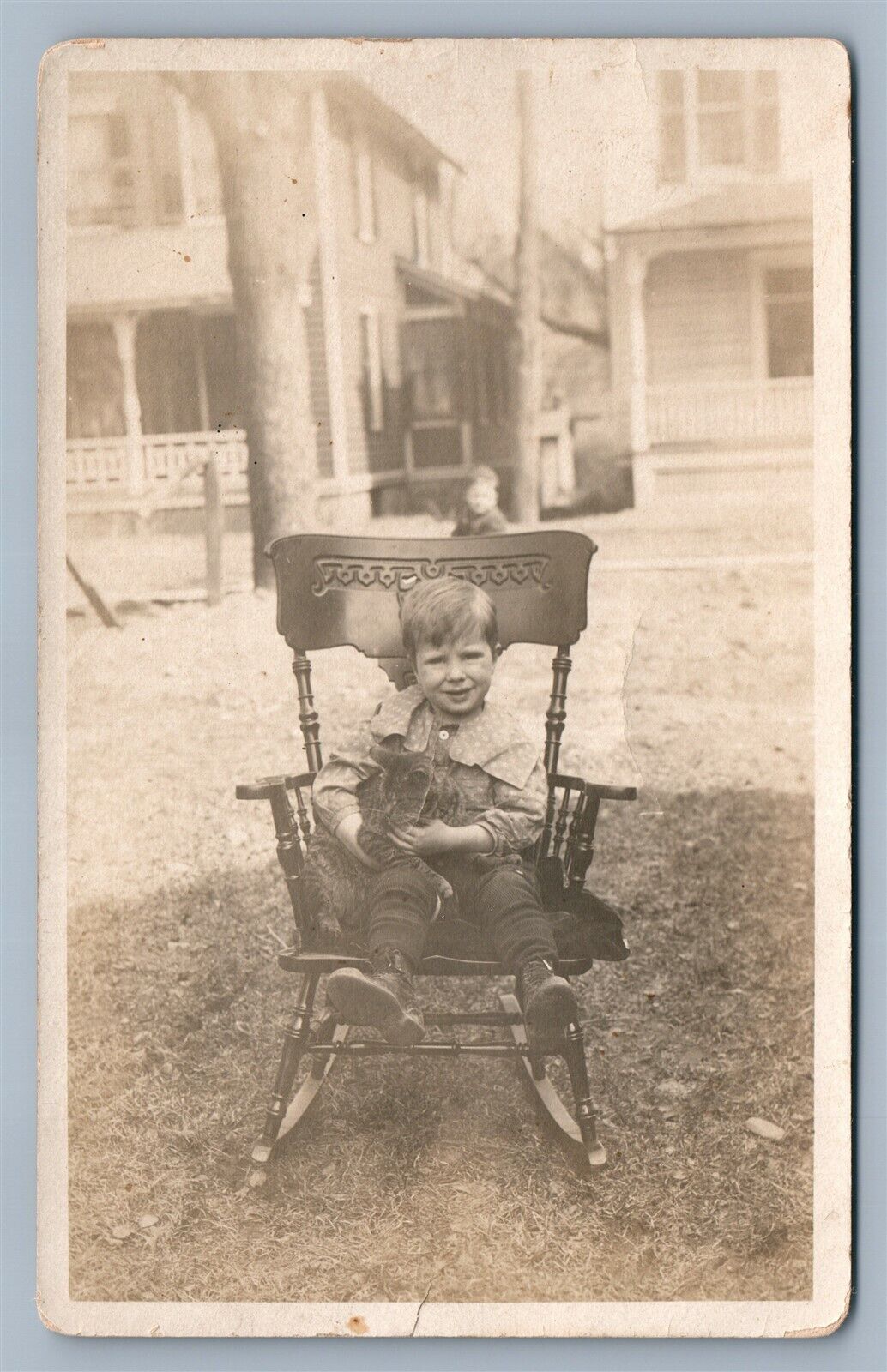 SMALL BOY w/ CAT ANTIQUE REAL PHOTO POSTCARD RPPC