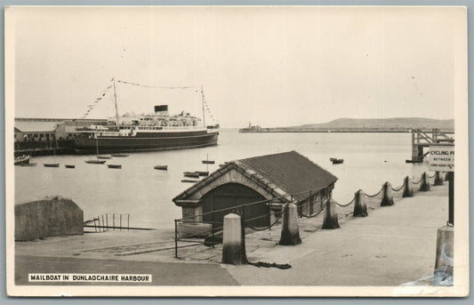 IRELAND MAILBOAT IN DUNLAOCHAIRE HARBOUR ANTIQUE REAL PHOTO POSTCARD RPPC