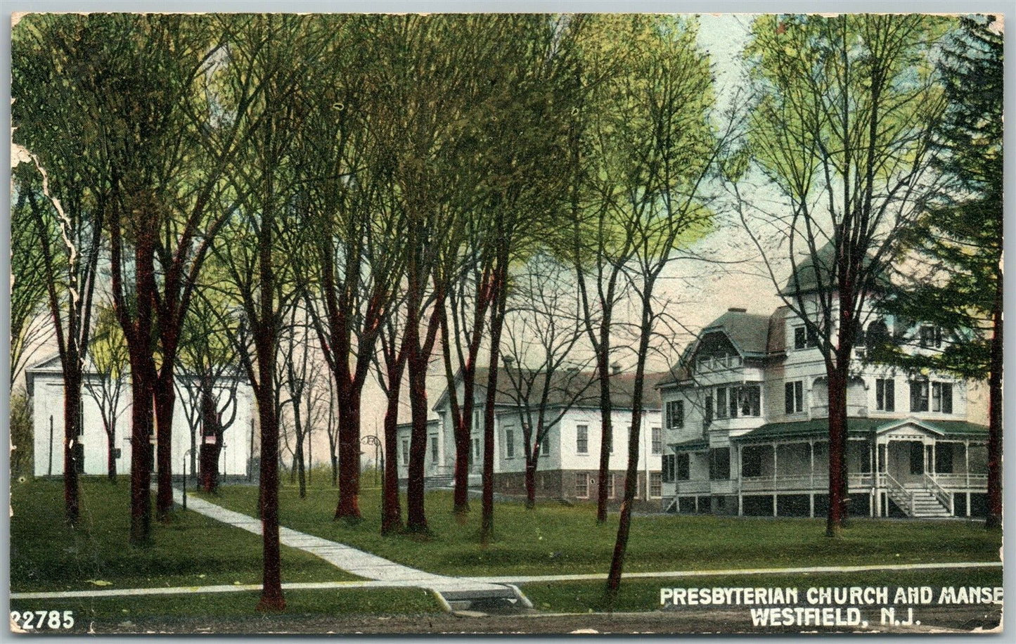 WESTFIELD NJ PRESBYTERIAN CHURCH ANTIQUE POSTCARD w/ CORK CANCEL