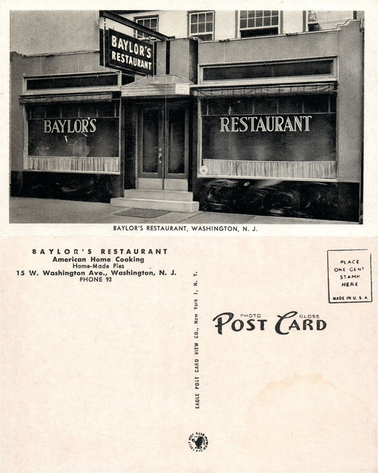 WASHINGTON N.J. BAYLOR'S RESTAURANT VINTAGE POSTCARD